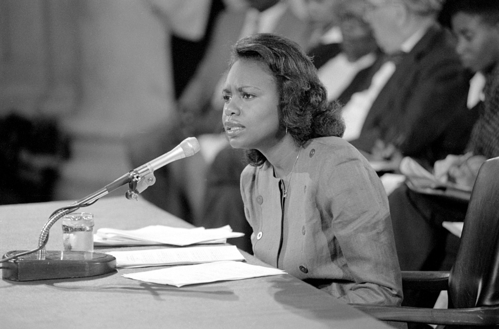 Anita Hill testifying in front of the Senate Judiciary Committee during Clarence Thomas's Supreme Court confirmation hearing.