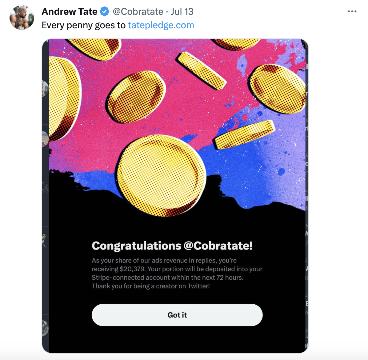 Screenshot of Andrew Tate bragging he made $20,000 from Twitter advertisers