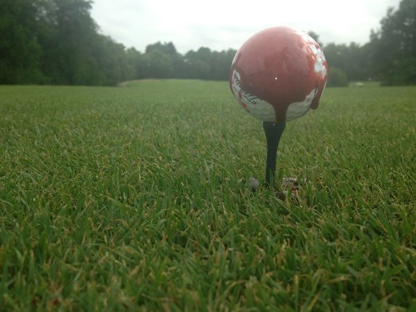 Golf ball covered in blood, sitting on a tee