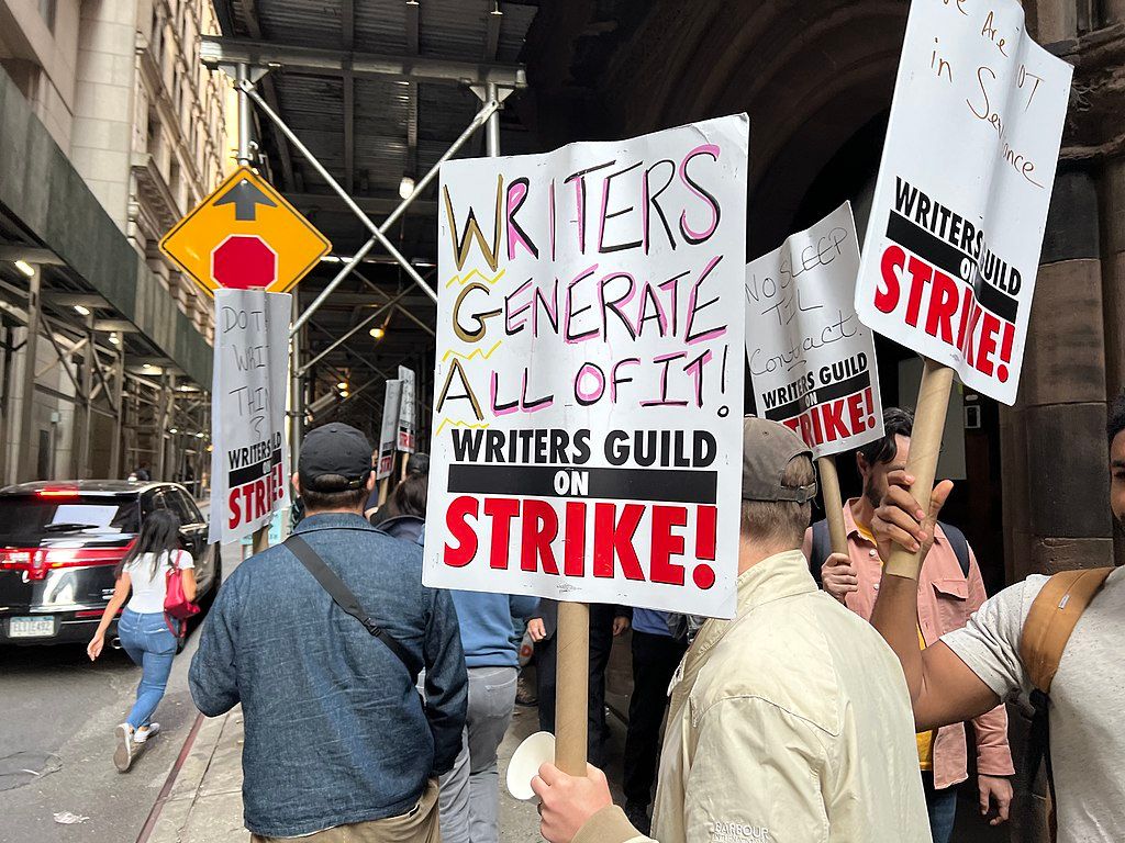 Writers Guild picket line: Sign says "Writers Generate All of It"