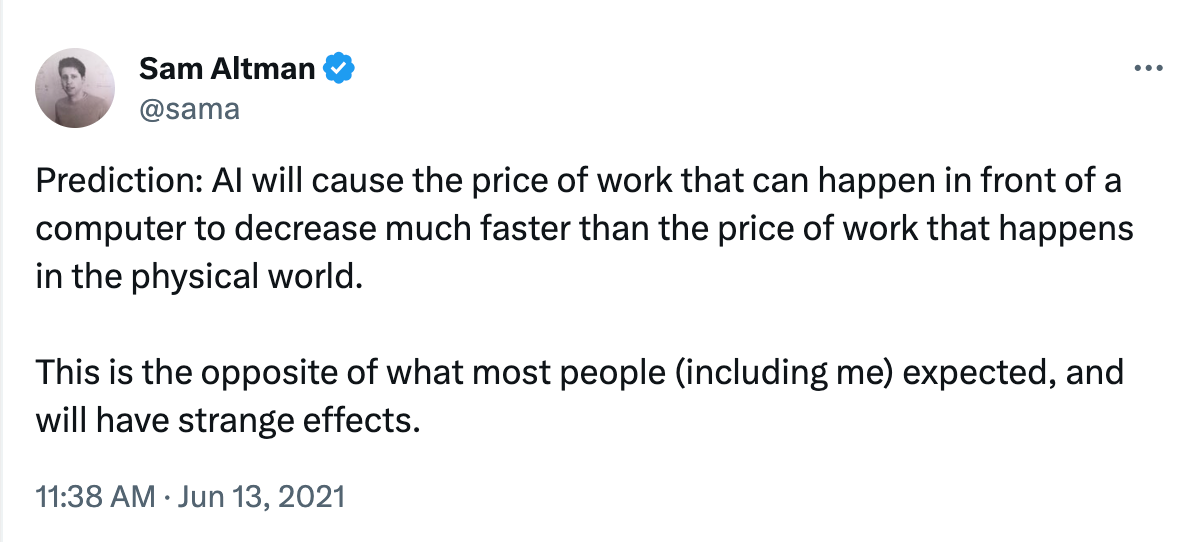 2021 tweet by OpenAI CEO Altman predicting AI will devalue knowledge work faster than manual work