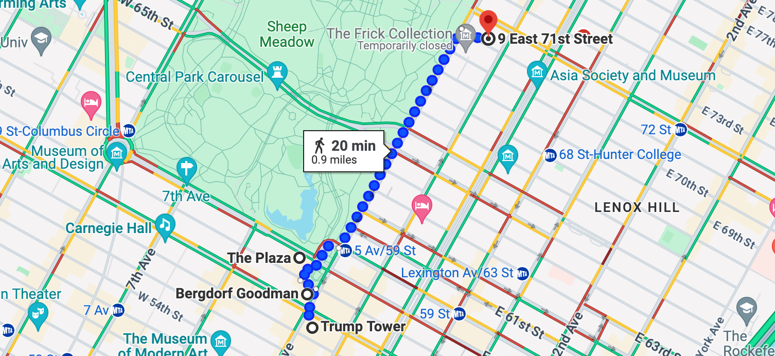 Neighborhood map shows Trump Tower, Bergdorf Goodman, The Plaza and 9 E. 71st