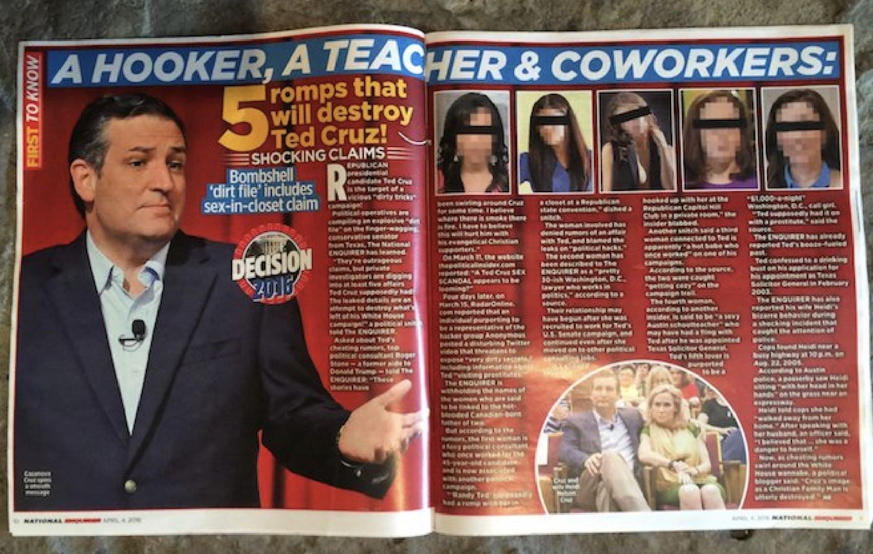 2016 National Enquirer story alleging that Texas senator Ted Cruz had five secret mistresses