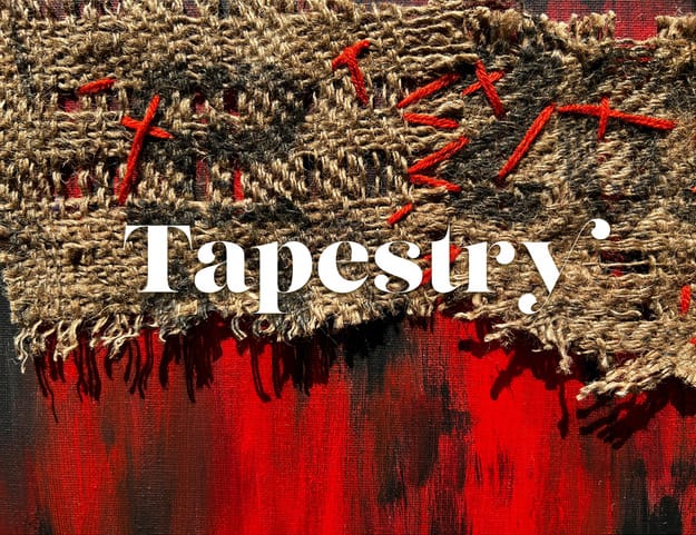 Tapestry logotype with cloth and painted surface behind it