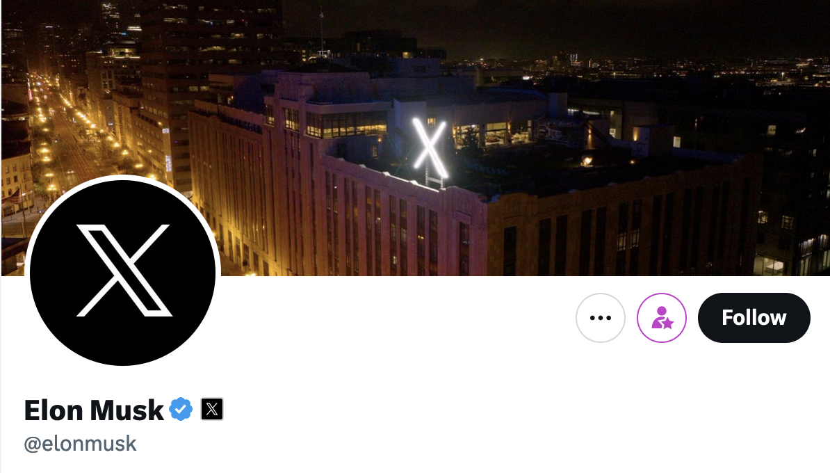 Image of an X symbol atop an Elon Musk building in 2024