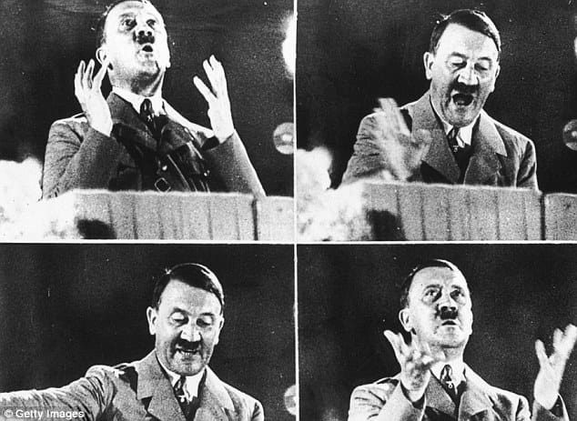 Adolf Hitler gesticulating while giving a speech