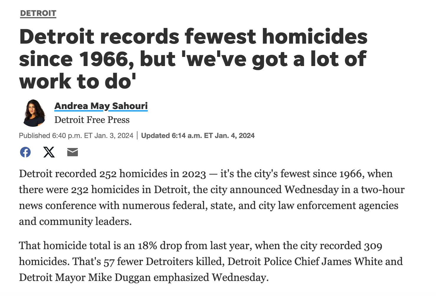 News article shows: In Detroit in 2023, homicides dropped 18% to the lowest level since 1966