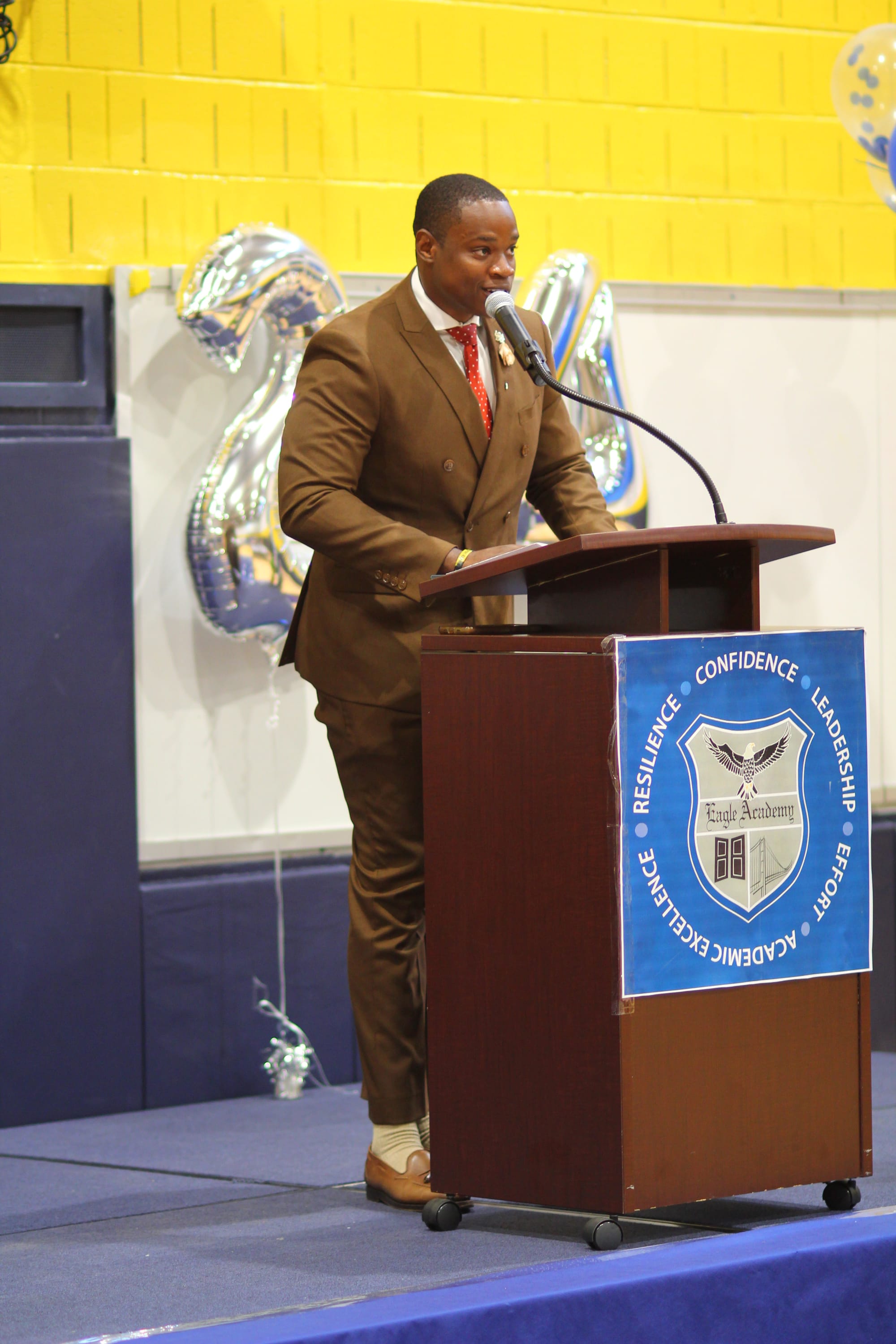 Jerrell Gray speaking at The Eagle Academy for Young Men, Bronx, NY, June 2024