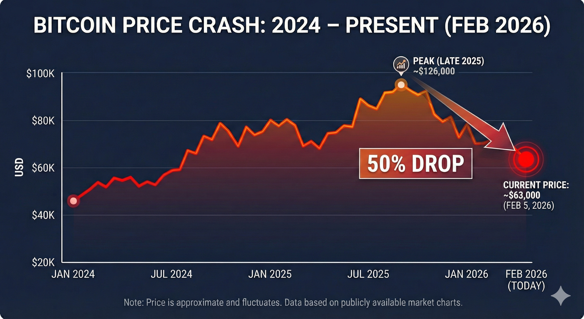 Infographic create a Google Gemini that shows Bitcoin price crash since late 2025